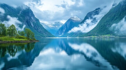 Fototapeta premium A serene mountain lake with lush green vegetation and a dramatic mountain range in the background. The reflection of the clouds in the water creates a sense of peace and tranquility.