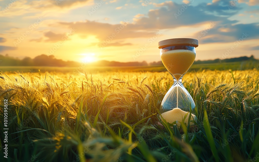Poster background showing an hourglass and peaceful field, capturing the essence of slow life with extensiv