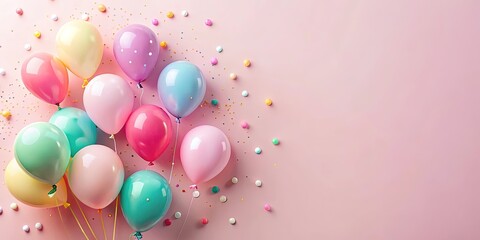 A festive composition featuring a cluster of vibrant balloons arranged against a soft pink background, with a scattering of colorful confetti adding a touch of whimsy. © Kukar Studio