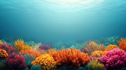 Naklejka premium Underwater Coral Reef Scene with Vibrant Colors and Sunlight