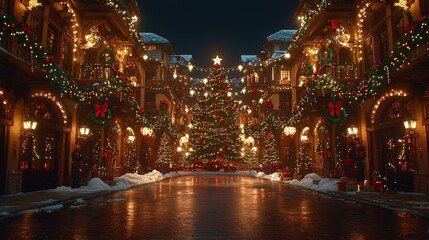 Fototapeta na wymiar Festive Christmas Street Scene with Snowy Cobblestone Road and Garlands