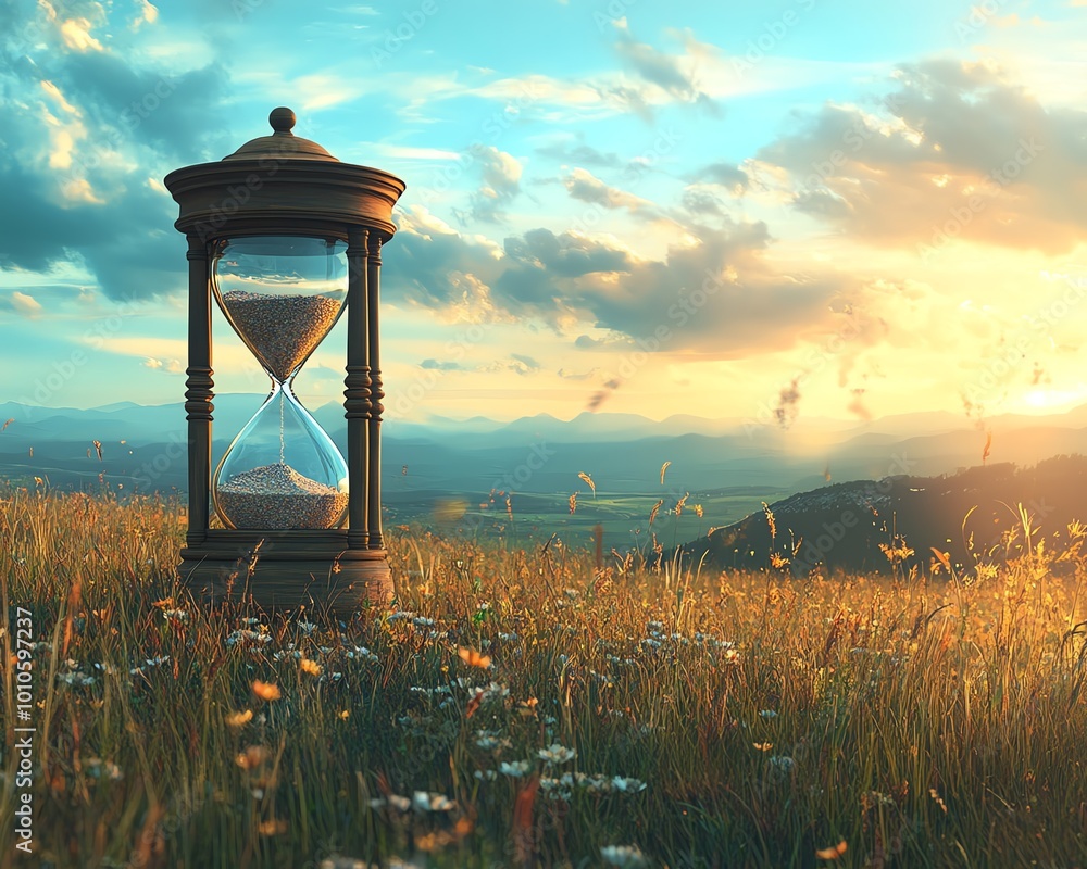 Poster calm field scene with an hourglass representing slow life, featuring a wide copy space for personali
