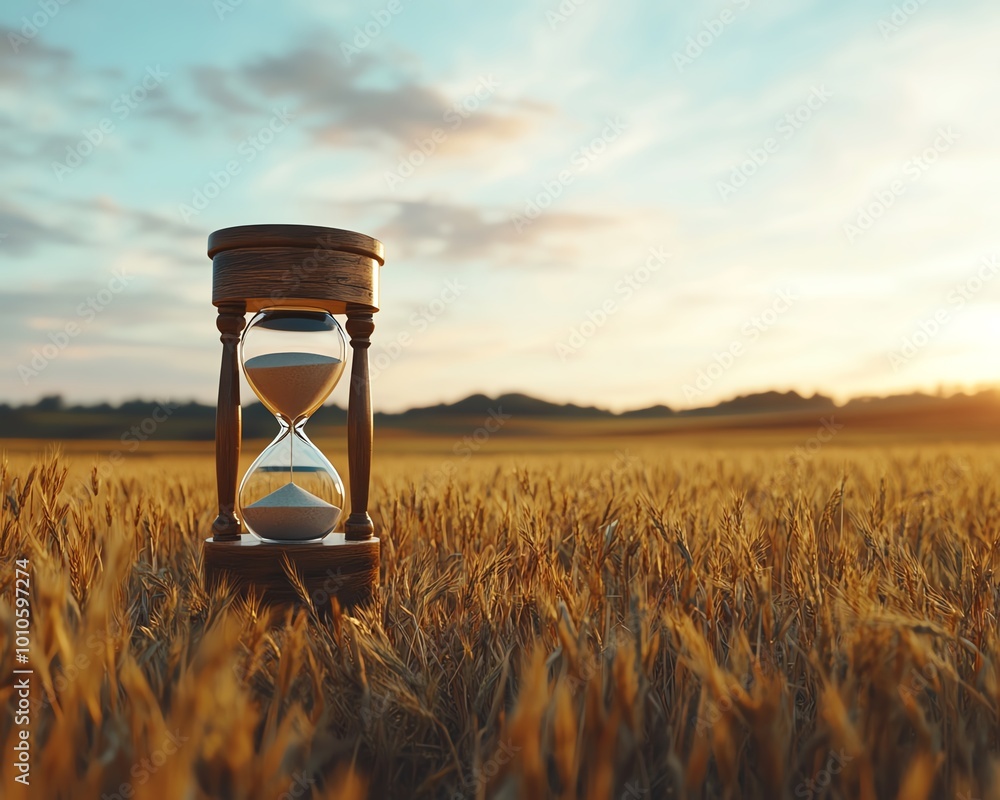Poster Calm field backdrop with an hourglass symbolizing slow life, including generous copy space for personalized content