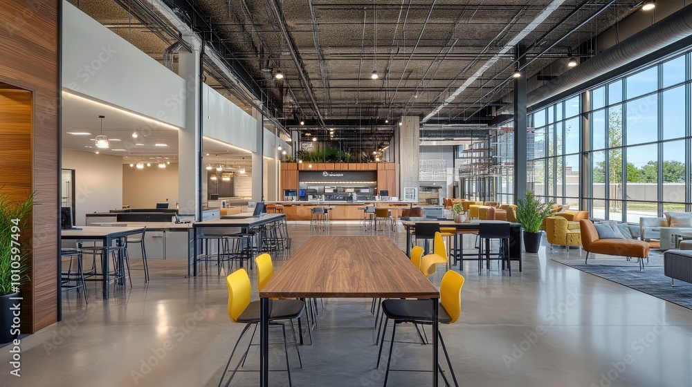 Poster modern and stylish coworking space with open layout and natural elements