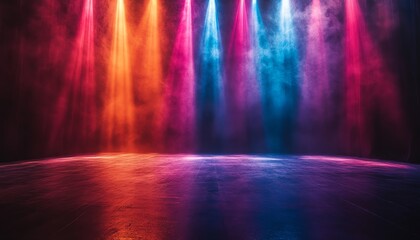 Colorful spotlight effects on an empty stage with a large copy space, creating a versatile and dynamic banner background