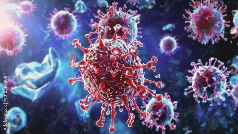 Poster microscopic view of viruses with vibrant colors and intricate details in a biotech setting