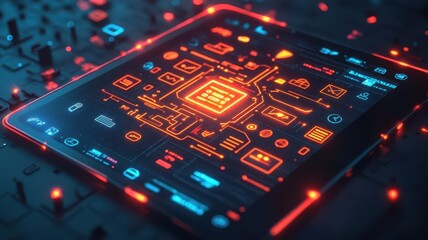 Obraz premium Digital tablet with a glowing brand strategy flowchart, surrounded by marketing icons, no face visible, photorealistic