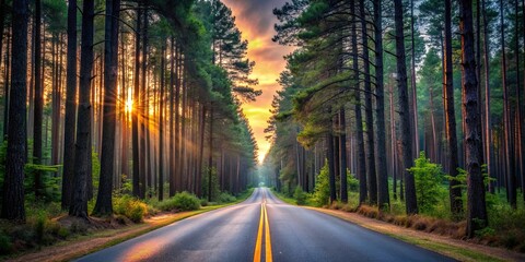 Fototapeta premium Golden rays of dawn illuminate the path through a dense forest of towering trees, leading the way towards a bright future.