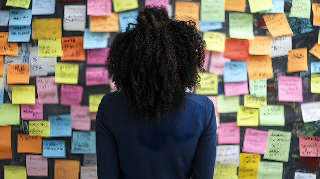 Woman looking at a wall full of sticky notes