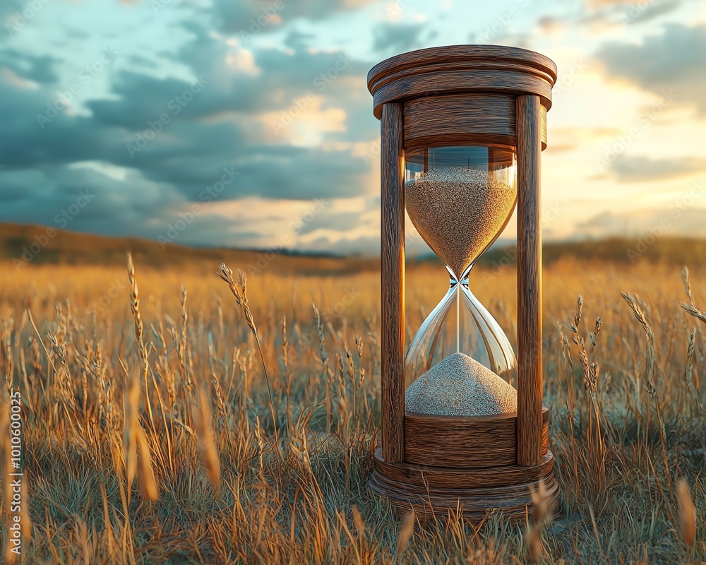 Poster hourglass set against a calm field backdrop, representing slow life and providing a spacious area fo