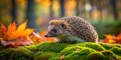 European Hedgehog on Green Moss in Dark Forest with Autumn Leaves - Cute Wild Animal in Nature in