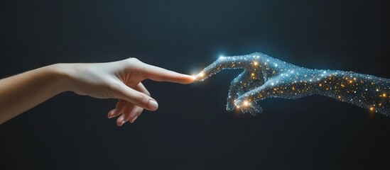 A human hand and a robotic hand made of glowing lights reaching towards each other on a dark background.