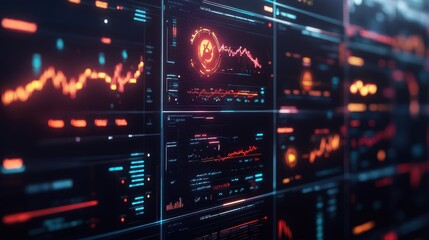 Obraz premium Futuristic Data Visualization Dashboard with Glowing Graphs and Charts