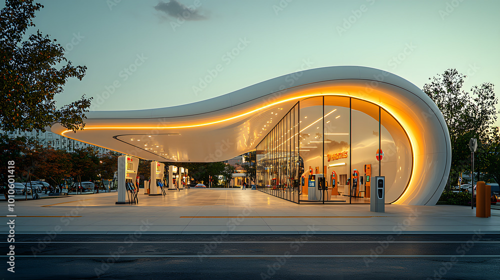 Poster modern architectural design of a stylish building with curved lines and warm lighting in an urban se