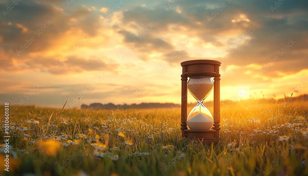 Poster Serene field background with an hourglass, embodying slow life and featuring ample copy space for custom text