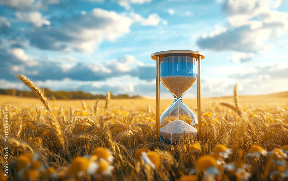 Poster slow life background with an hourglass and serene field, providing a large copy area for thoughtful 