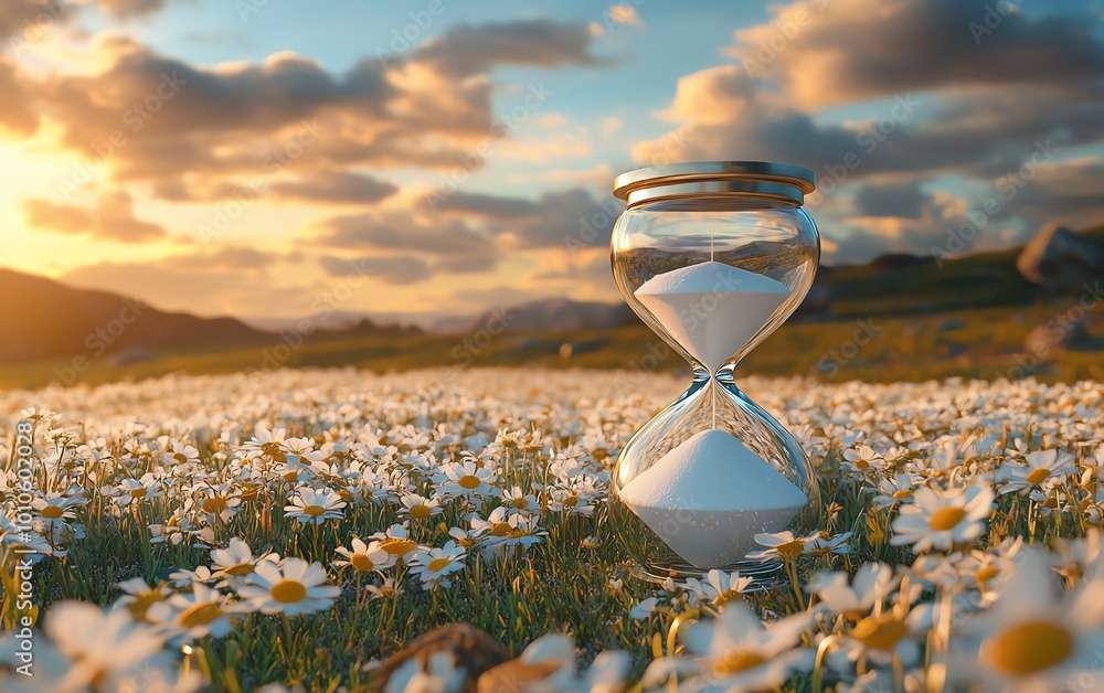 Poster slow life background with an hourglass and serene field, providing a large copy area for thoughtful 