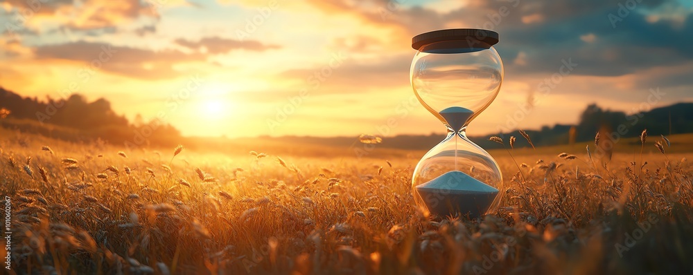Poster slow life concept with an hourglass and a tranquil field background, including significant copy spac