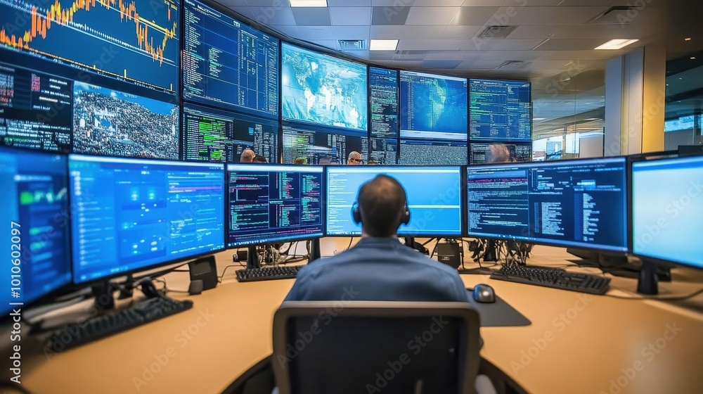Aufkleber monitoring and analyzing financial data in a high-tech trading workspace