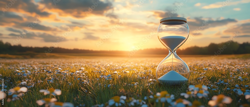Poster slow life theme with an hourglass and tranquil field background, offering wide copy space for reflec