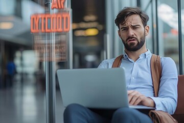 Obraz premium Businessman with a laptop open, frustrated by a delayed flight, sitting by the airport gate, photorealistic