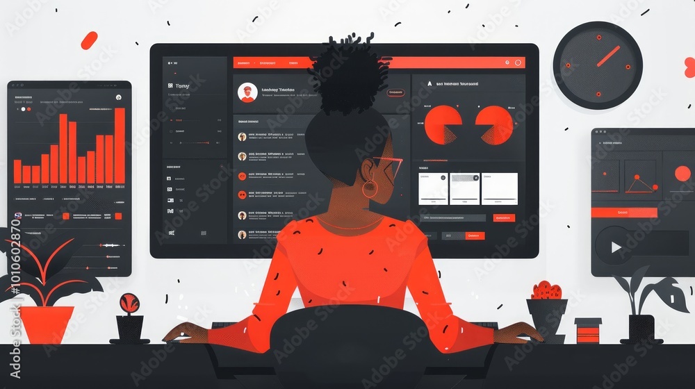 Poster a woman sits at a desk in front of a large computer monitor displaying charts and graphs, with multi