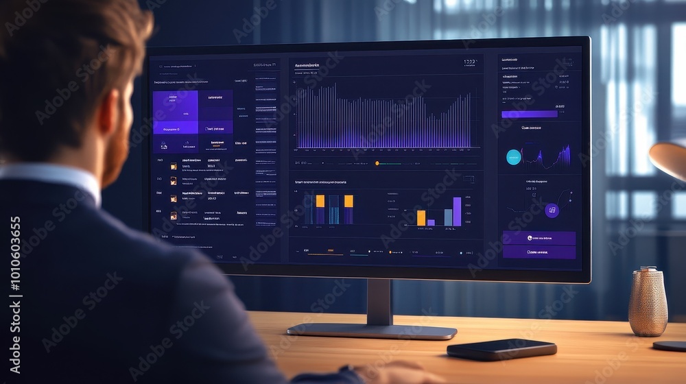 Poster analyzing business data: insights and trends on a computer screen