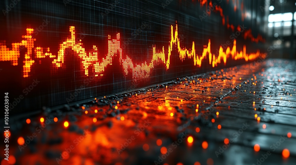 Poster red stock market data display on a digital screen with a glowing floor