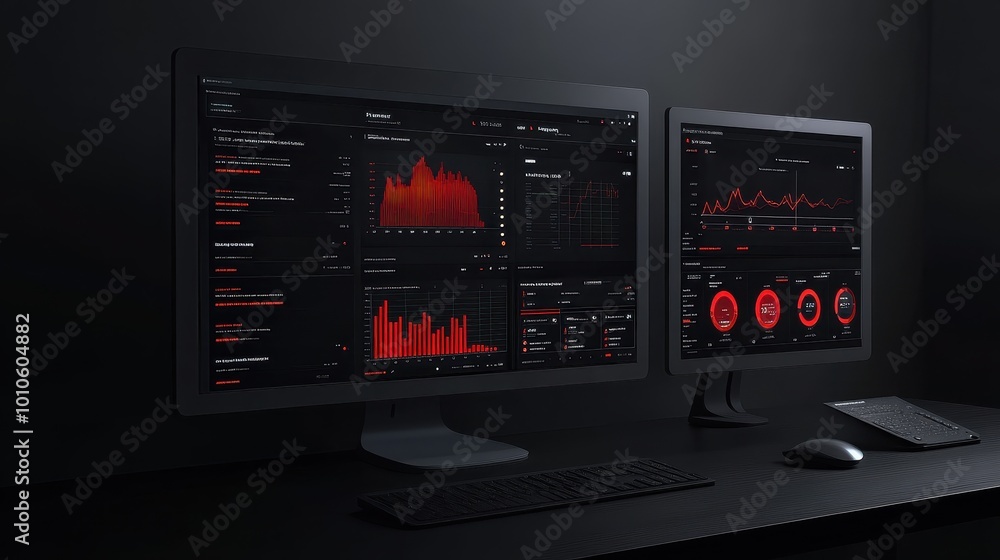 Poster financial data analytics dashboard on multiple monitors
