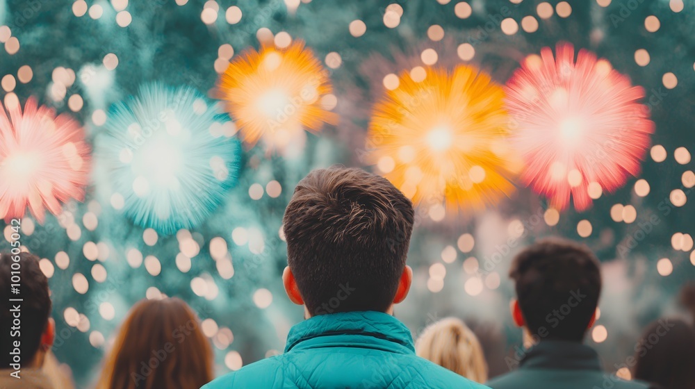 Wall mural Spectators mesmerized by colorful fireworks display