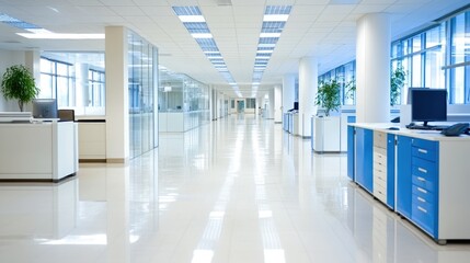A pristine white office with sleek furniture, bold accent colors, and vibrant wall art. A collaborative workspace for creativity, bathed in natural light.