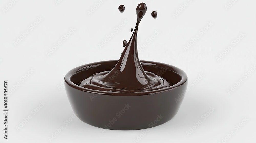 Poster a rich and creamy chocolate sauce splashing upwards, with its smooth texture and glossy surface high
