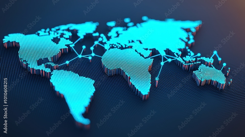 Poster global network connection holographic world map with interconnected nodes