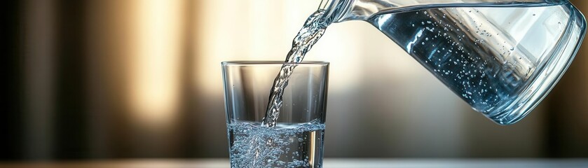 A water filter pitcher pouring fresh, clean water into a glass, photorealistic, home water safety © ImagePulse