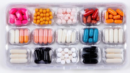 A colorful assortment of capsules and pills arranged in a tray, showcasing various shapes and sizes in vibrant hues.