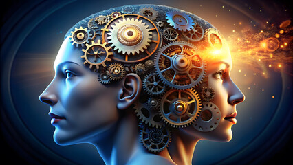 Obraz premium Human Head Merging with Mechanical Gears Representing AI Integration. Perfect for: Tech events, Innovation week