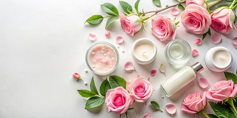 Scented Candles and Floral Beauty Products Arranged Around Delicate Pink Roses on a White Background