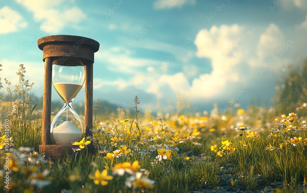 Poster background depicting slow life with a tranquil field and hourglass, offering copy space for thoughtf