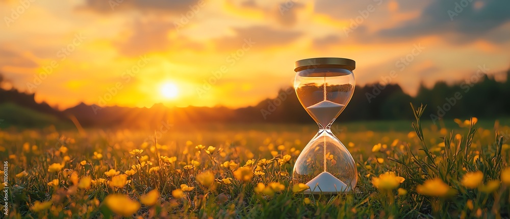 Poster Calm field backdrop with an hourglass, creating a slow life theme with ample copy space for inspirational messages