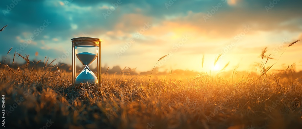 Poster Calm field backdrop with an hourglass, creating a slow life theme with ample copy space for inspirational messages