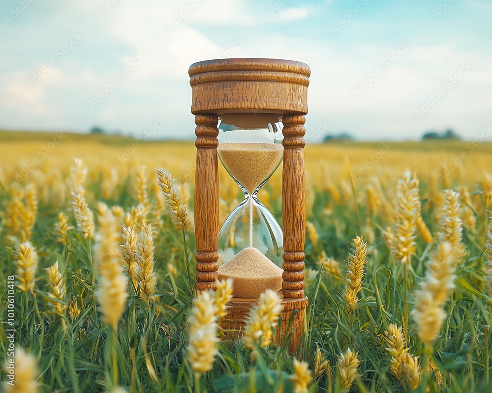 Poster calm field with an hourglass in the foreground, perfect for a slow life background with plenty of sp