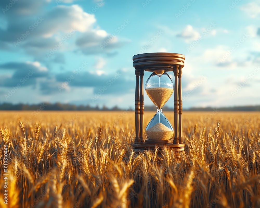 Poster calm field with an hourglass in the foreground, perfect for a slow life background with plenty of sp