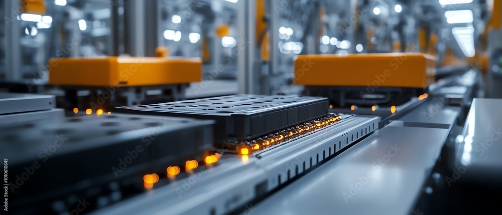 Poster closeup view of electric vehicle battery cells in a hightech mass production assembly line, emphasiz