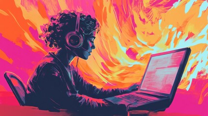 A Person Wearing Headphones Uses a Laptop in a Vibrant Abstract Background