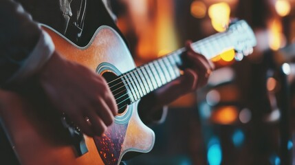 Naklejka premium Close-up of a Musician's Hand Playing an Acoustic Guitar