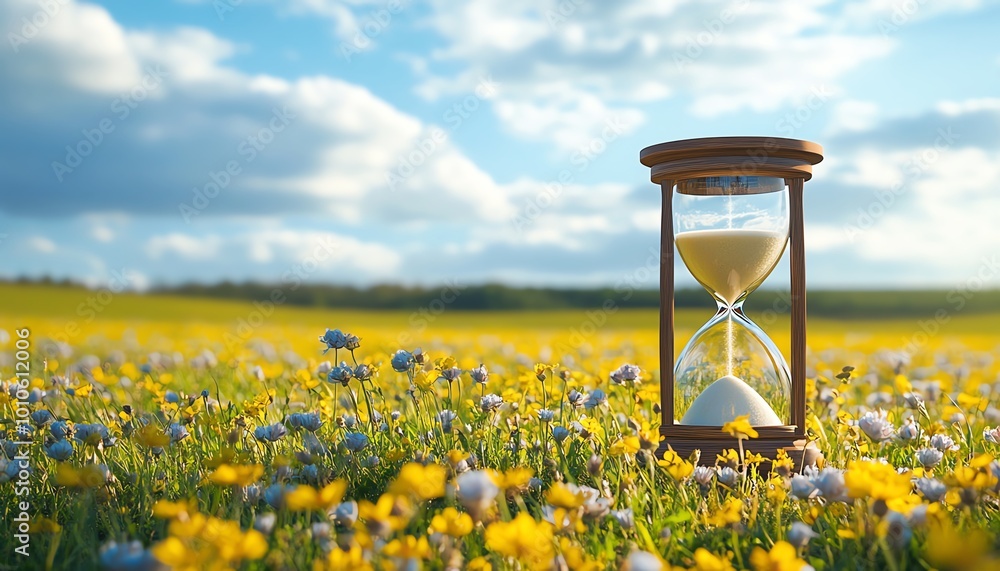 Poster Hourglass set against a serene field backdrop, emphasizing slow life with generous copy space for contemplative messages