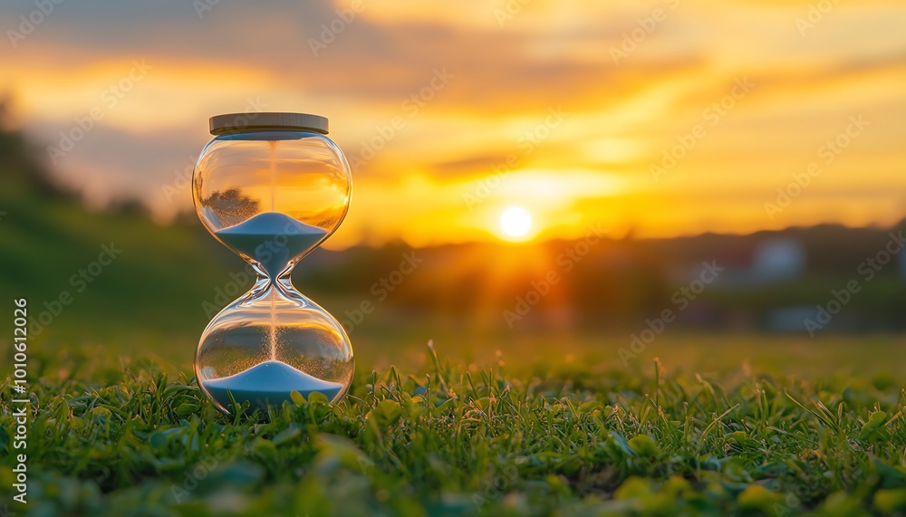 Poster Hourglass set against a serene field backdrop, emphasizing slow life with generous copy space for contemplative messages
