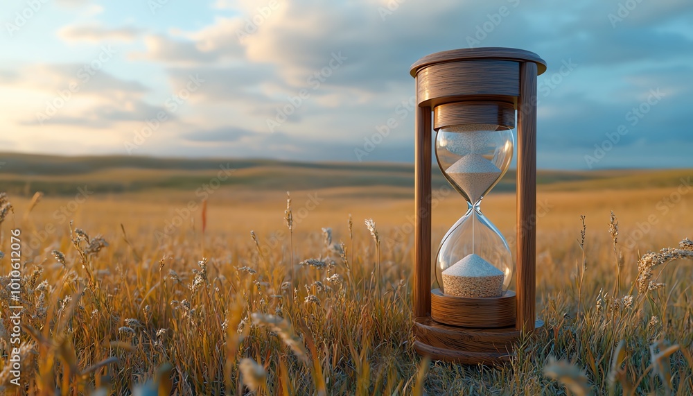 Poster Hourglass set against a serene field backdrop, emphasizing slow life with generous copy space for contemplative messages