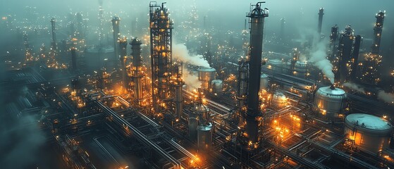 Fototapeta premium Industrial oil refinery with steel pipelines and storage tanks, set against a backdrop of a bustling petrochemical industry zone