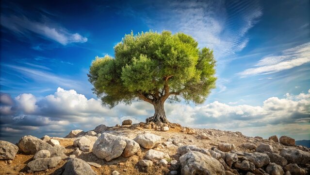 A solitary tree stands tall on a rocky hillside, its vibrant green foliage contrasting with the azure sky and the rolling clouds above.